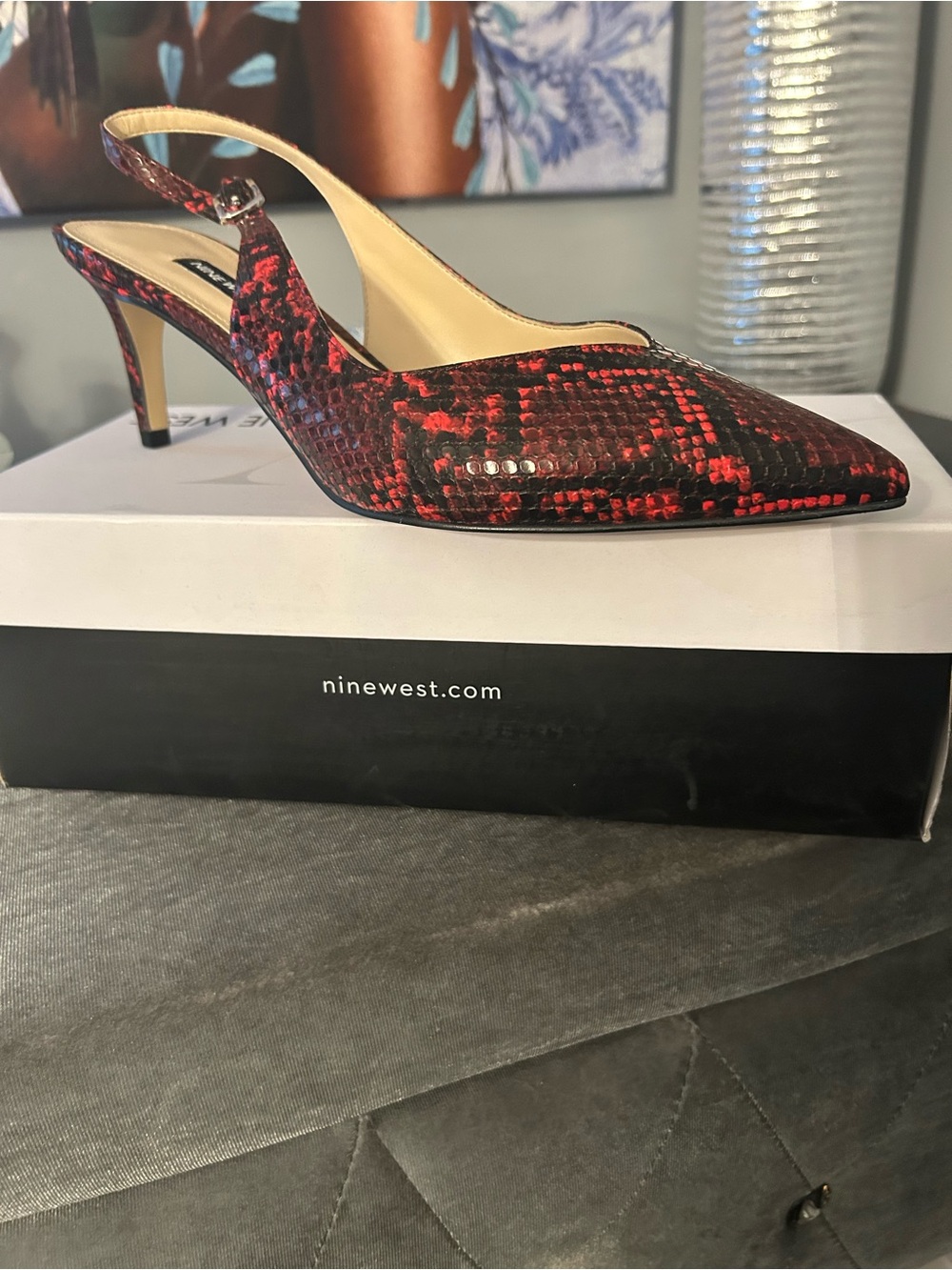 Nine West Red Snake-Print Slingback Pointed Kitten Heel